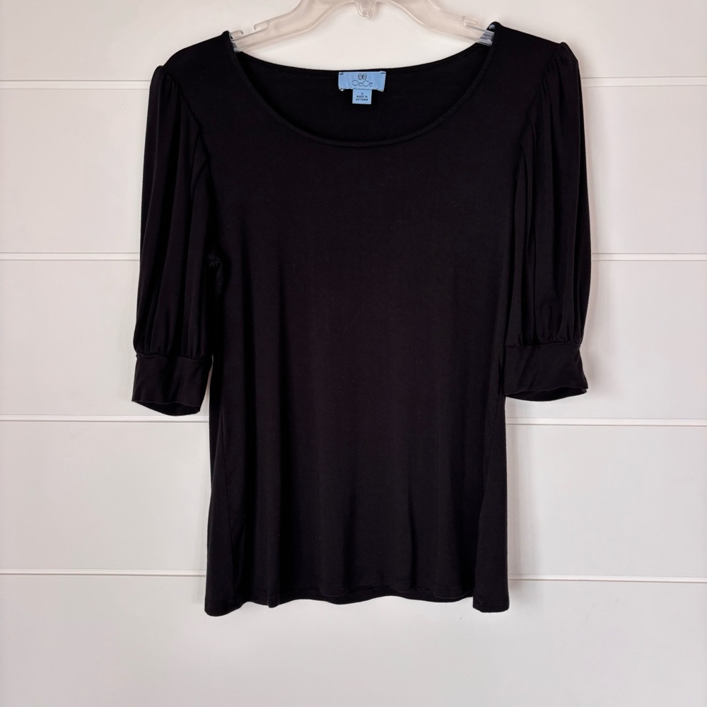 CeCe Black Scoop Neck Short Puff Sleeve Top Women's Small